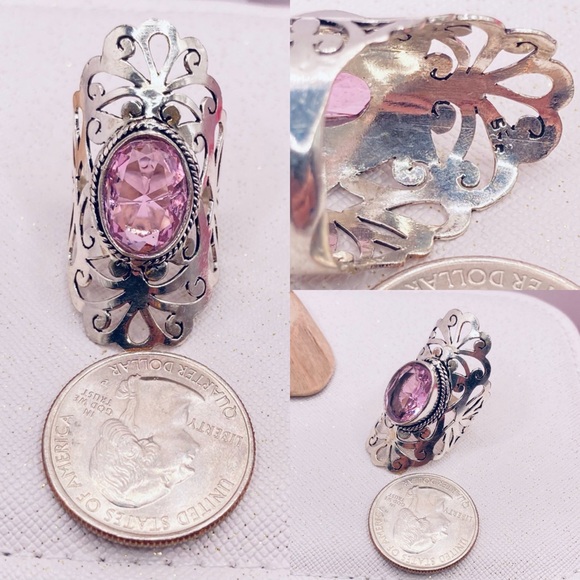 Radiant Pink Topaz Gemstone Handmade Shield Armor Filigree Ring - Picture 2 of 6